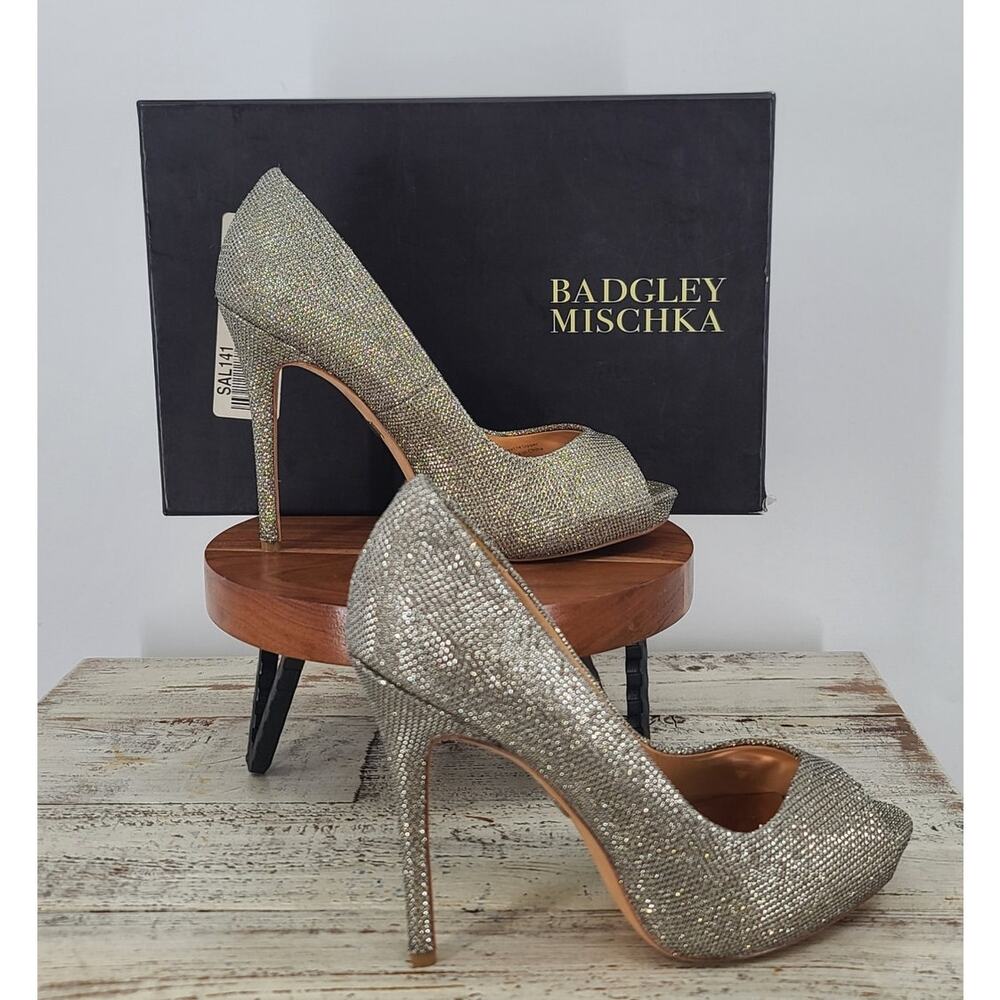 Badgley Mischka Cassidy II Peep Toe Heels Sz 7 Silver sparkle Pumps Party formal - Picture 2 of 12